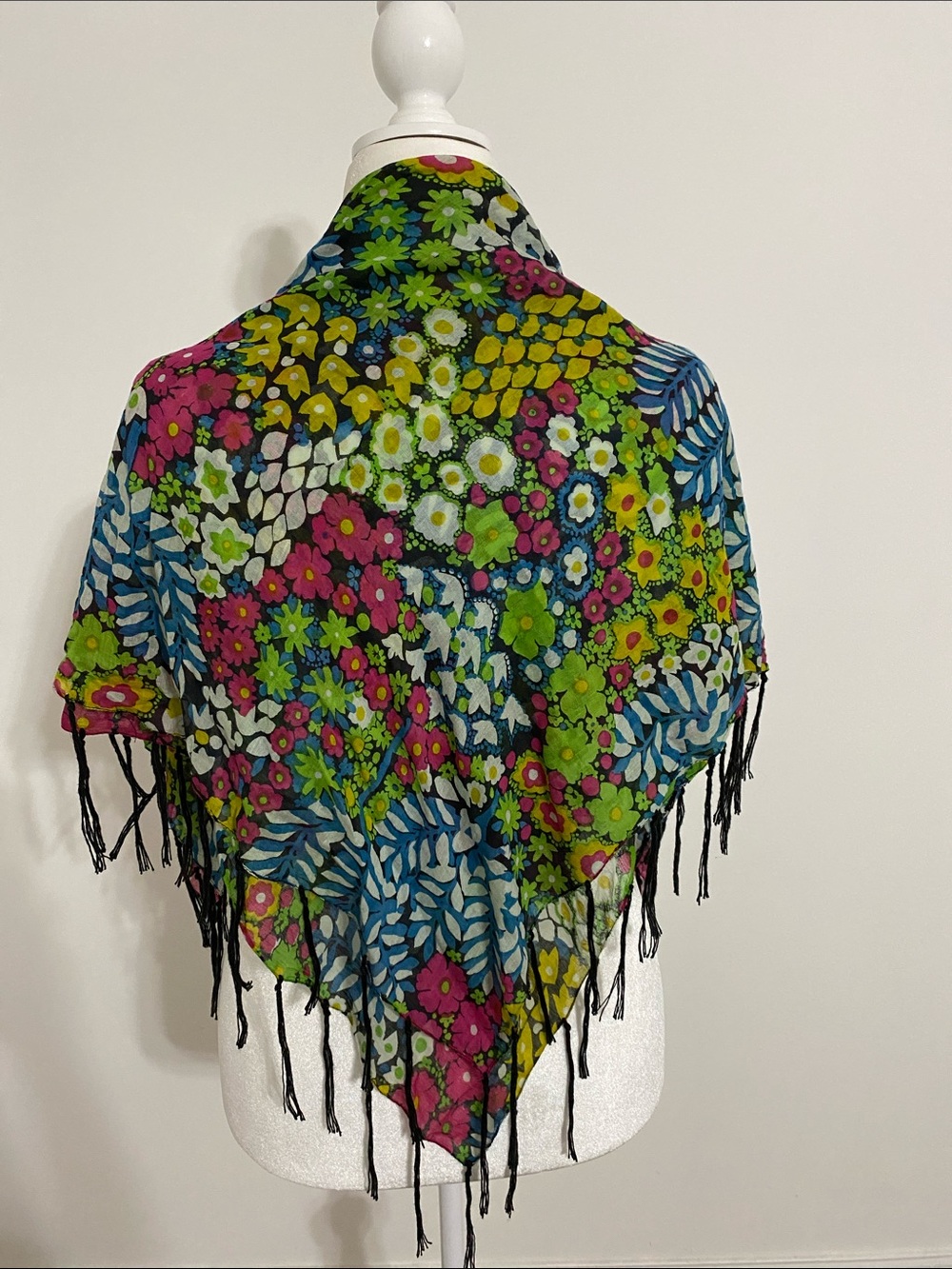 Large 36 Inch Square Cotton Floral Scarf with Fringe - Picture 3 of 6